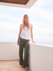 White Linen Blend Ruffle Sleeve Top - Image 2 of 7