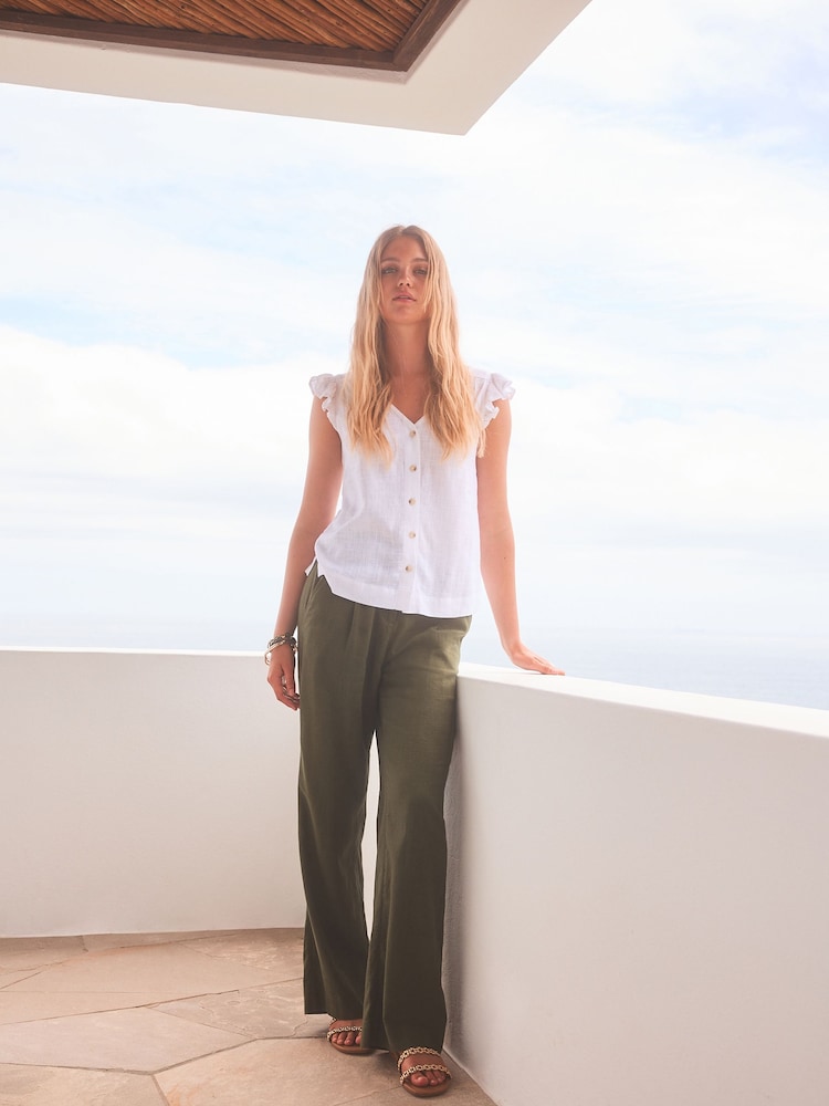 White Linen Blend Ruffle Sleeve Top - Image 2 of 7