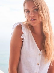 White Linen Blend Ruffle Sleeve Top - Image 5 of 7