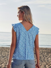 Blue Linen Blend Ruffle Sleeve Top - Image 3 of 6