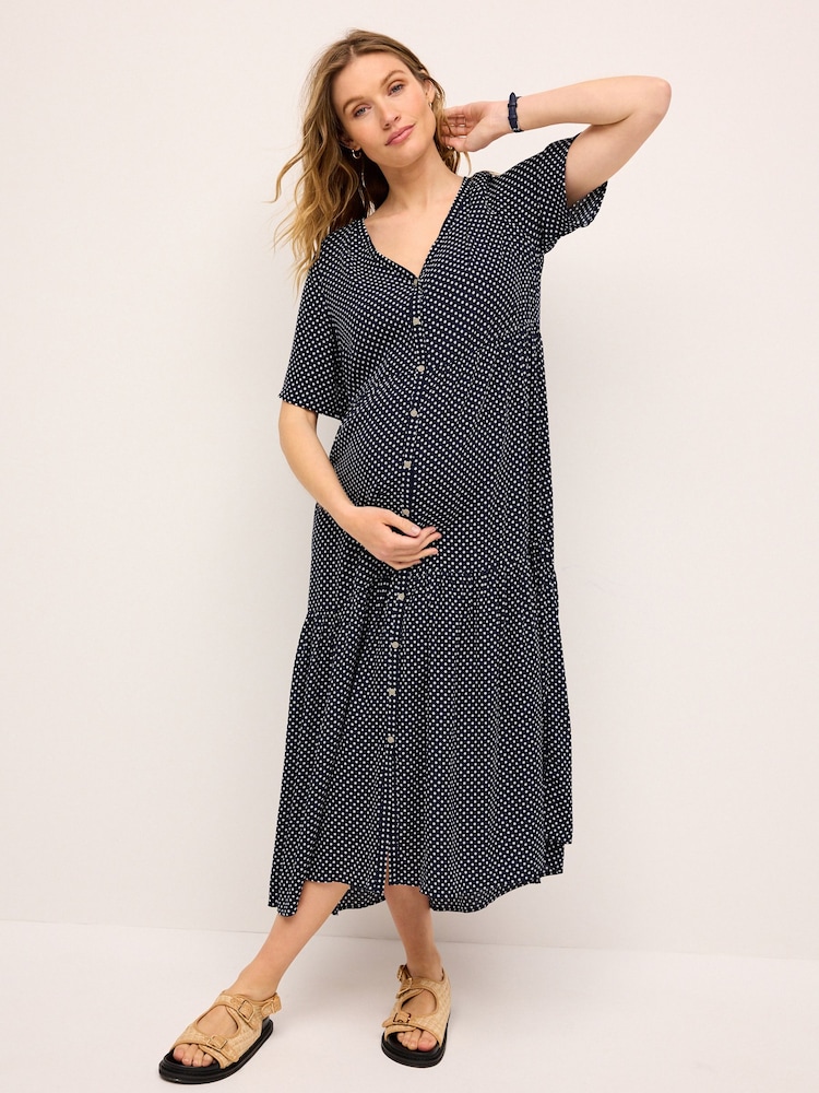Marineblau gepunktet - Umstandsmode Kleid mit Flügelärmeln - Bild 1 von 7
