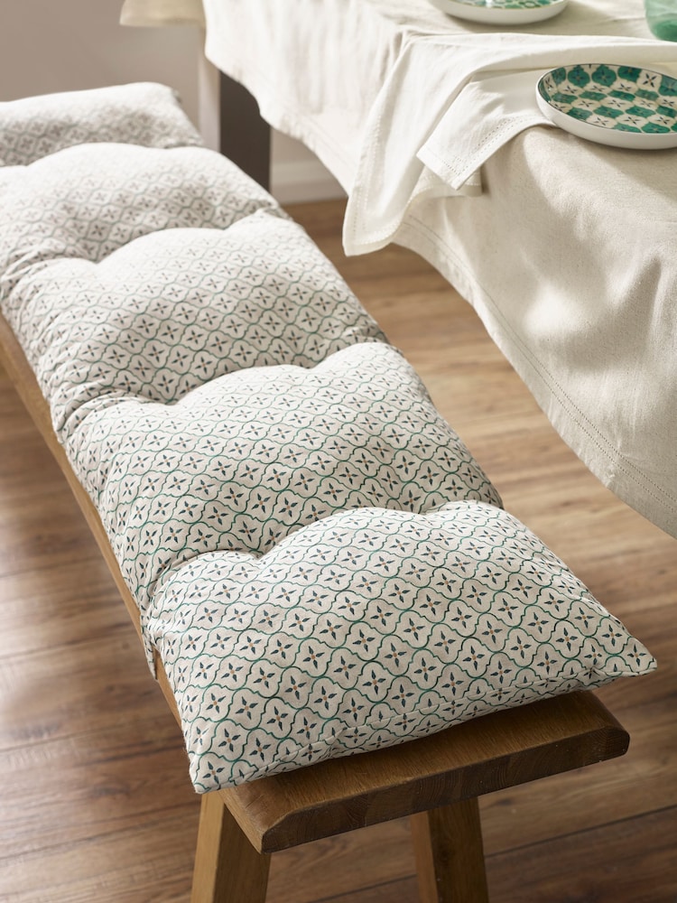 Teal Blue Mediterranean Tile Bench 100% Cotton Cushion Pad - Image 1 of 4