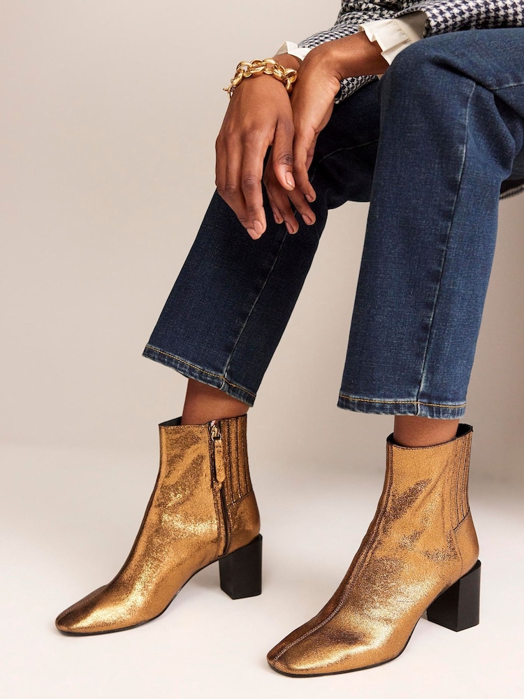 Boden Gold Block Heels Leather Ankle Boots - Image 1 of 4