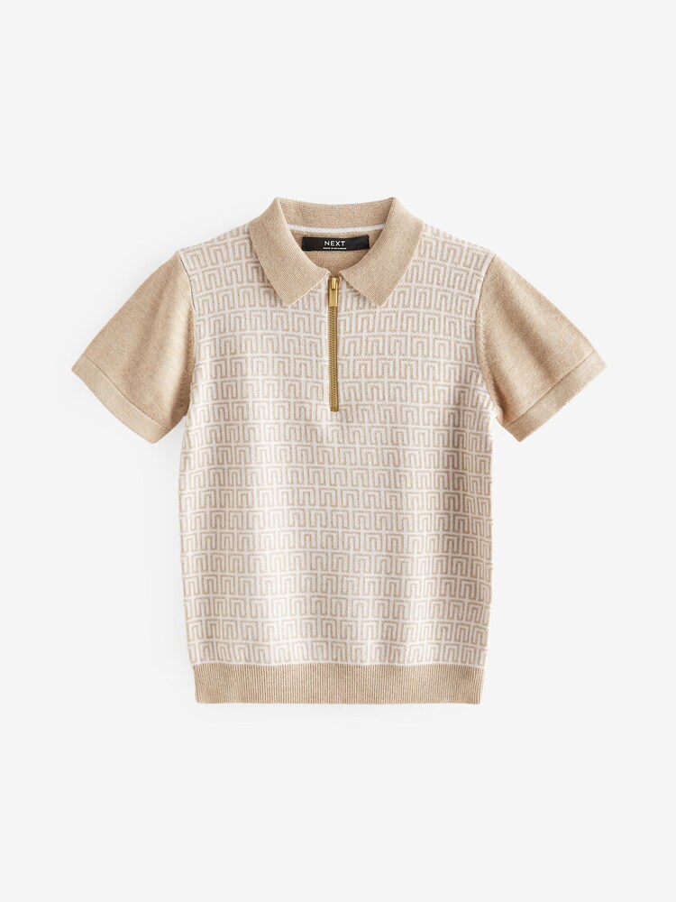 Nevtralna z zadrgo - Pleten kratek rokav; s kratkimi rokavi Geo Pattern polo majice (3-16yrs) - Slika 1 iz 3