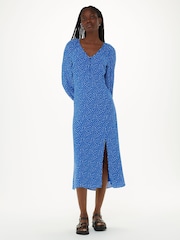 Whistles Blue Micro Cactus Print Midi Dress - Image 1 of 5