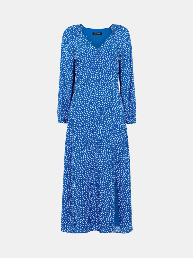Whistles Blue Micro Cactus Print Midi Dress - Image 5 of 5