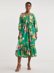 JD Williams Green Print Smock Sundress With Neck Tie - Image 1 of 5