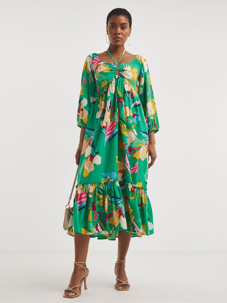 JD Williams Green Print Smock Sundress With Neck Tie - Image 1 of 5