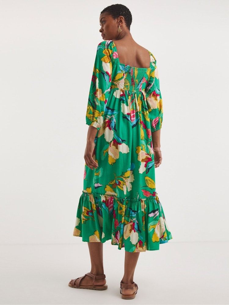 JD Williams Green Print Smock Sundress With Neck Tie - Image 2 of 5