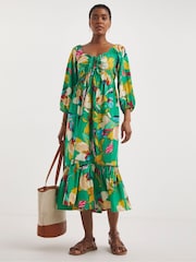 JD Williams Green Print Smock Sundress With Neck Tie - Image 3 of 5