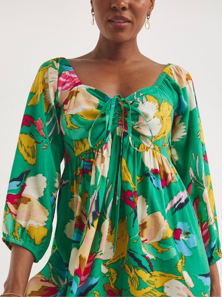 JD Williams Green Print Smock Sundress With Neck Tie - Image 5 of 5