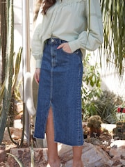 Another Sunday Denim Midi Skirt With Middle Seam Slit In Blue - Image 1 of 6
