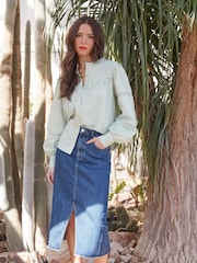 Another Sunday Denim Midi Skirt With Middle Seam Slit In Blue - Image 2 of 6