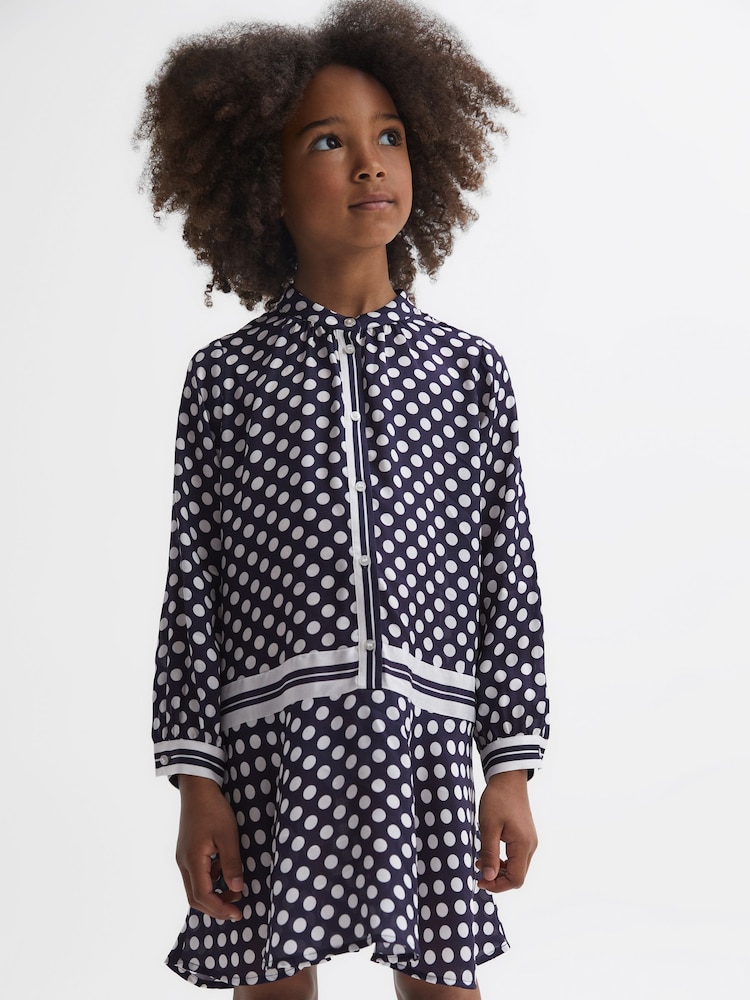 Reiss Navy Print Alex 9-14 yrs Polka Dot Long Sleeve Dress - Image 1 of 6