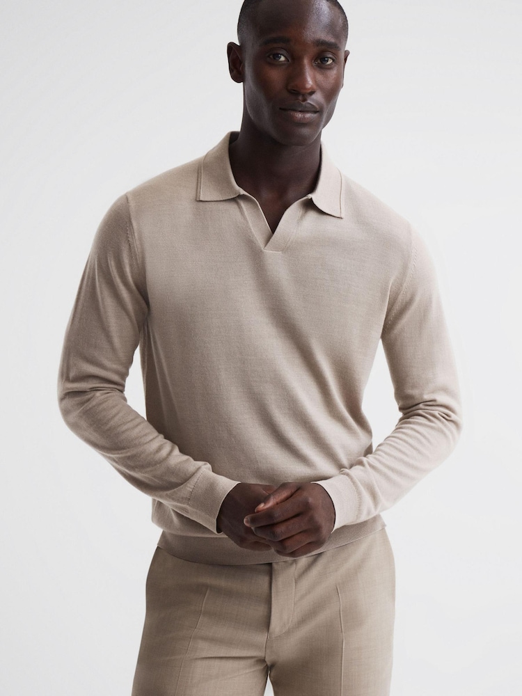 Reiss Mink Milburn Merino Wool Open Collar Polo Shirt - Image 1 of 5