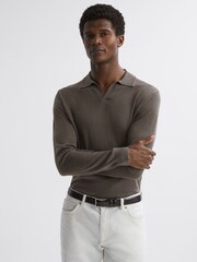 Reiss Mushroom Brown Milburn Merino Wool Open Collar Polo Shirt - Image 1 of 4