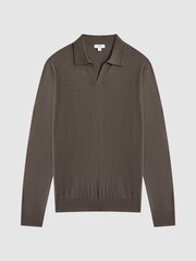 Reiss Mushroom Brown Milburn Merino Wool Open Collar Polo Shirt - Image 2 of 4