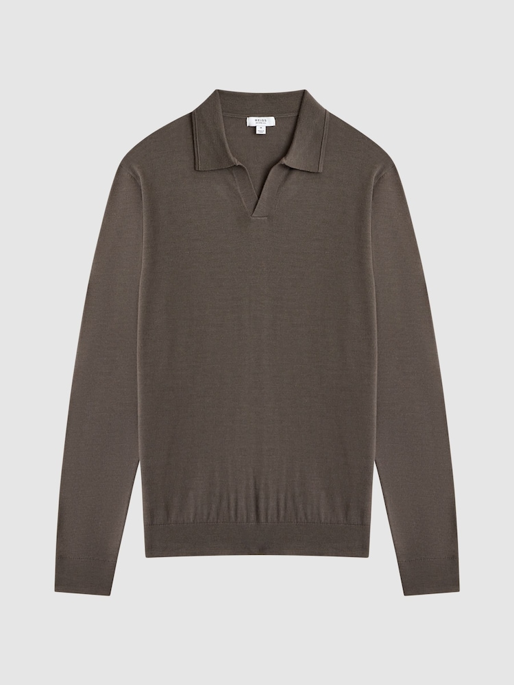 Reiss Mushroom Brown Milburn Merino Wool Open Collar Polo Shirt - Image 2 of 4