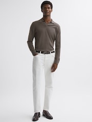 Reiss Mushroom Brown Milburn Merino Wool Open Collar Polo Shirt - Image 3 of 4