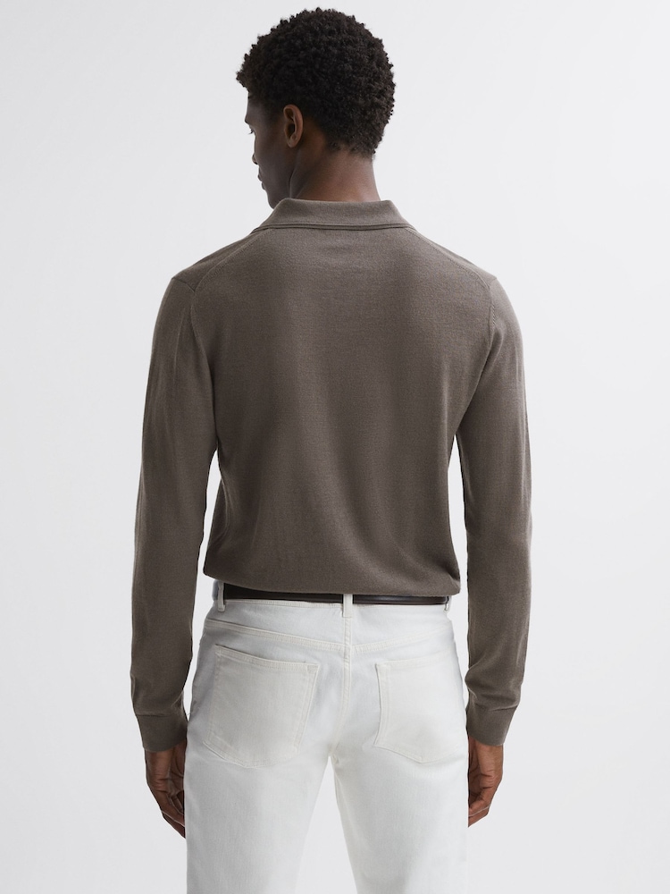 Reiss Mushroom Brown Milburn Merino Wool Open Collar Polo Shirt - Image 4 of 4