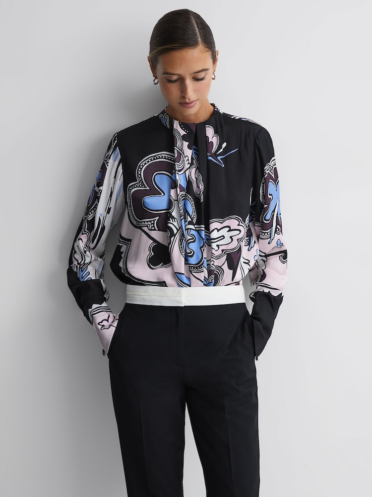 Reiss Black Sevanna Printed Pleat Front Blouse - Image 1 of 4