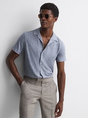 Reiss Airforce Blue Basswood Jacquard Cuban Collar Button Through T-Shirt - Image 1 of 5