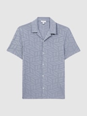 Reiss Airforce Blue Basswood Jacquard Cuban Collar Button Through T-Shirt - Image 2 of 5