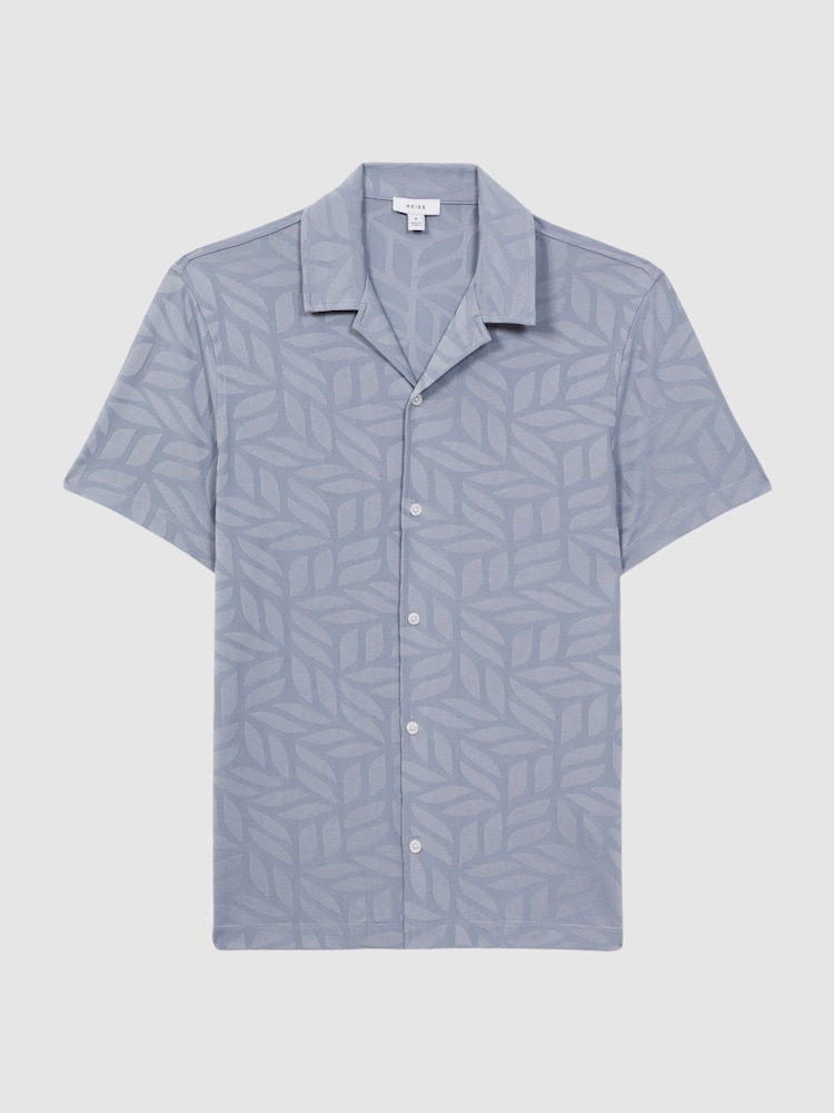 Reiss Airforce Blue Basswood Jacquard Cuban Collar Button Through T-Shirt - Image 2 of 5