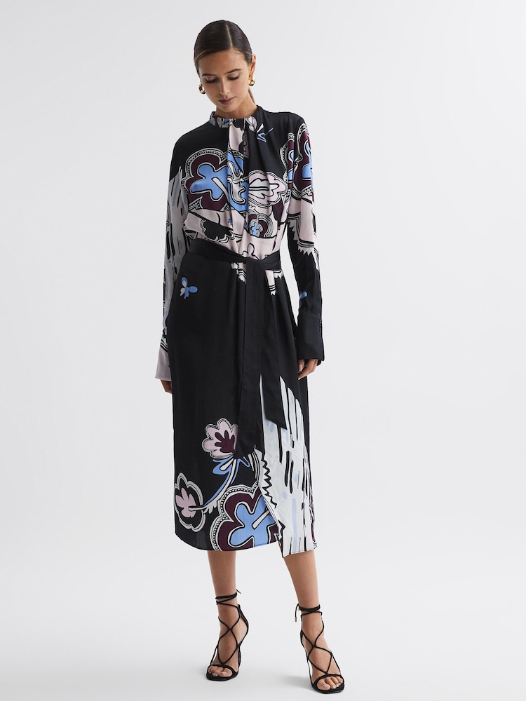 Reiss Black Samara Pleat Front Midi Dress - Image 1 of 5