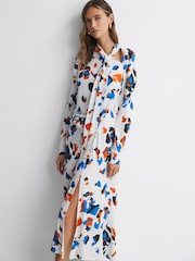 Reiss Blue Niyah Printed Tie Neck Midi Dress - Image 1 of 5
