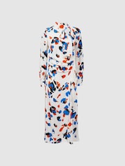 Reiss Blue Niyah Printed Tie Neck Midi Dress - Image 2 of 5