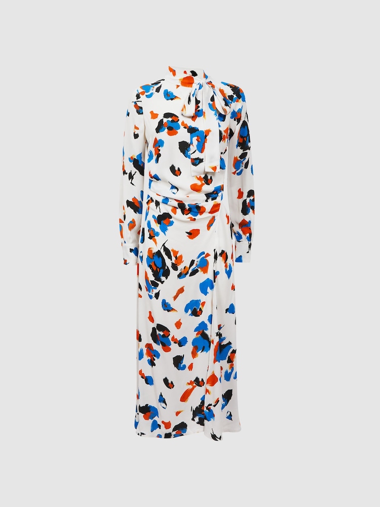 Reiss Blue Niyah Printed Tie Neck Midi Dress - Image 2 of 5