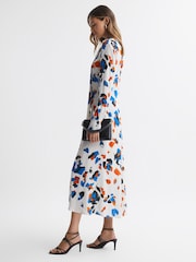 Reiss Blue Niyah Printed Tie Neck Midi Dress - Image 4 of 5