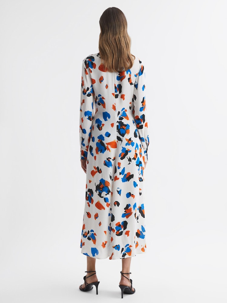 Reiss Blue Niyah Printed Tie Neck Midi Dress - Image 5 of 5
