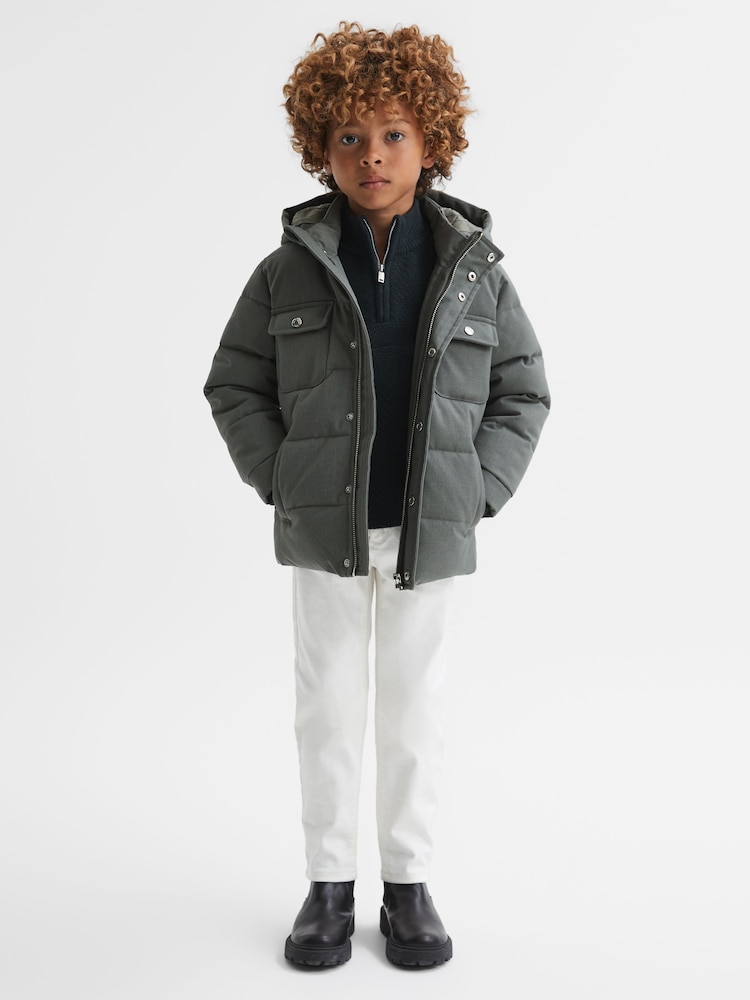 Reiss Khaki Biela Senior Quilted Hooded Coat - Image 1 of 6