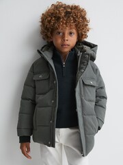 Reiss Khaki Biela Junior Quilted Hooded Coat - Image 1 of 6