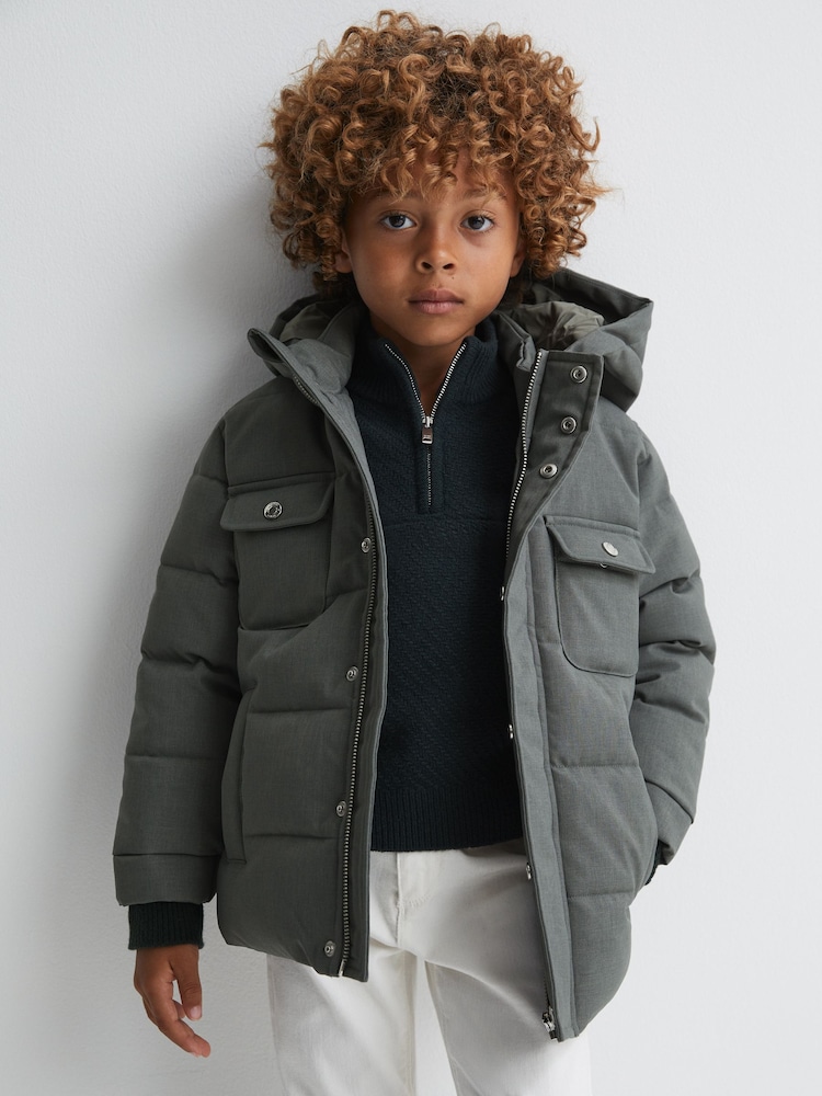 Reiss Khaki Biela Junior Quilted Hooded Coat - Image 1 of 6