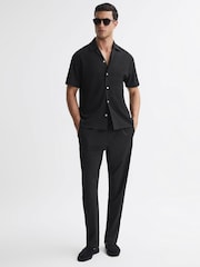 Reiss Black Darcy Textured Button-Through T-Shirt - Image 1 of 4