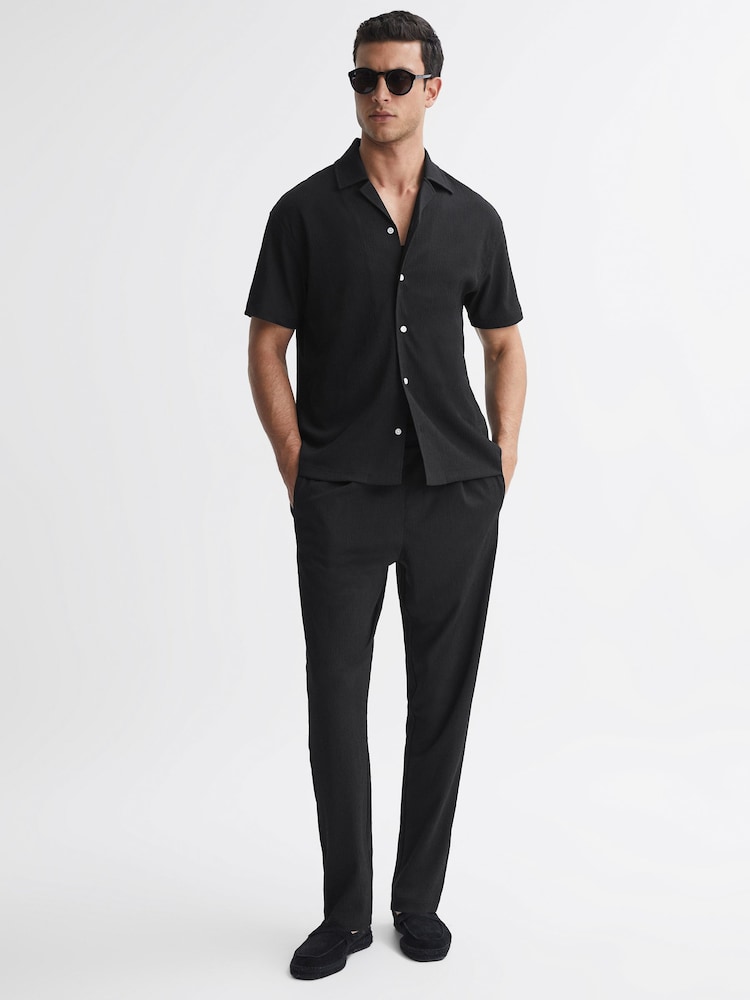 Reiss Black Darcy Textured Button-Through T-Shirt - Image 1 of 4