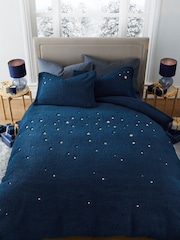 Navy Teddy Borg Fleece Embroidered Star Duvet Cover and Pillowcase Set - Image 1 of 4