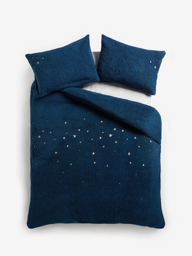 Navy Teddy Borg Fleece Embroidered Star Duvet Cover and Pillowcase Set - Image 4 of 4