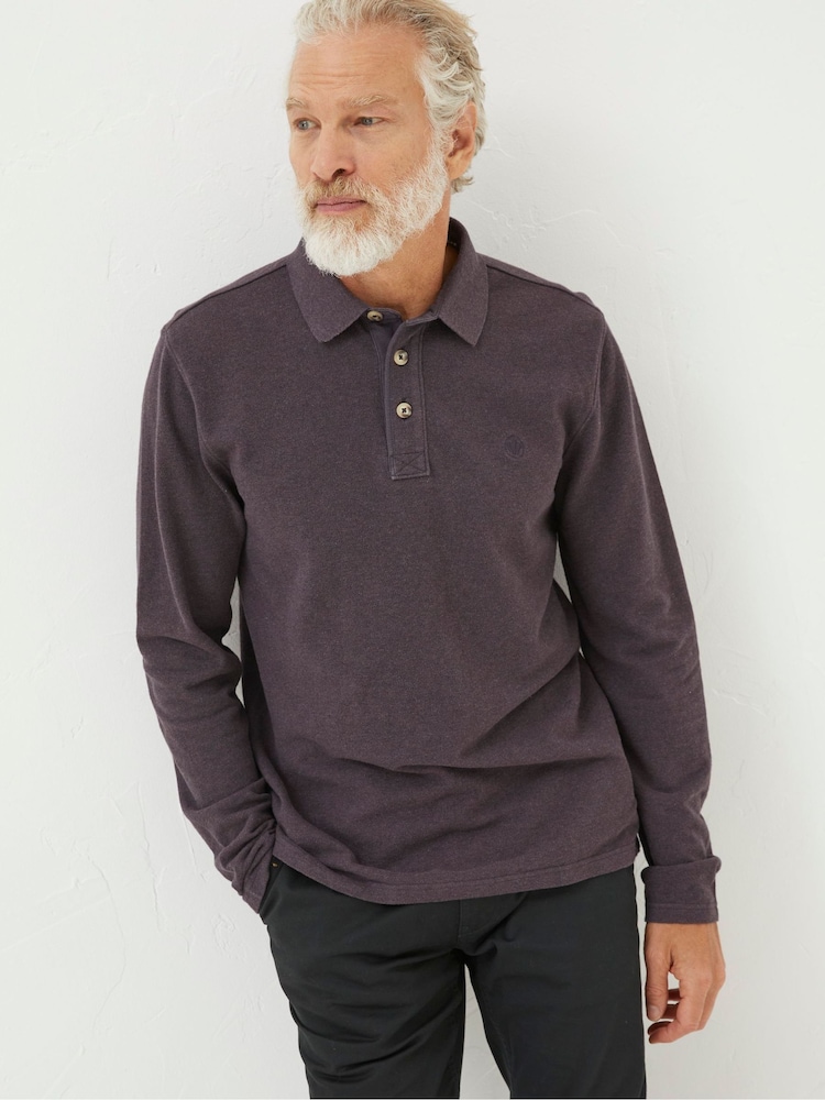 FatFace Purple Long Sleeve Organic Pique Polo Shirt - Image 1 of 4