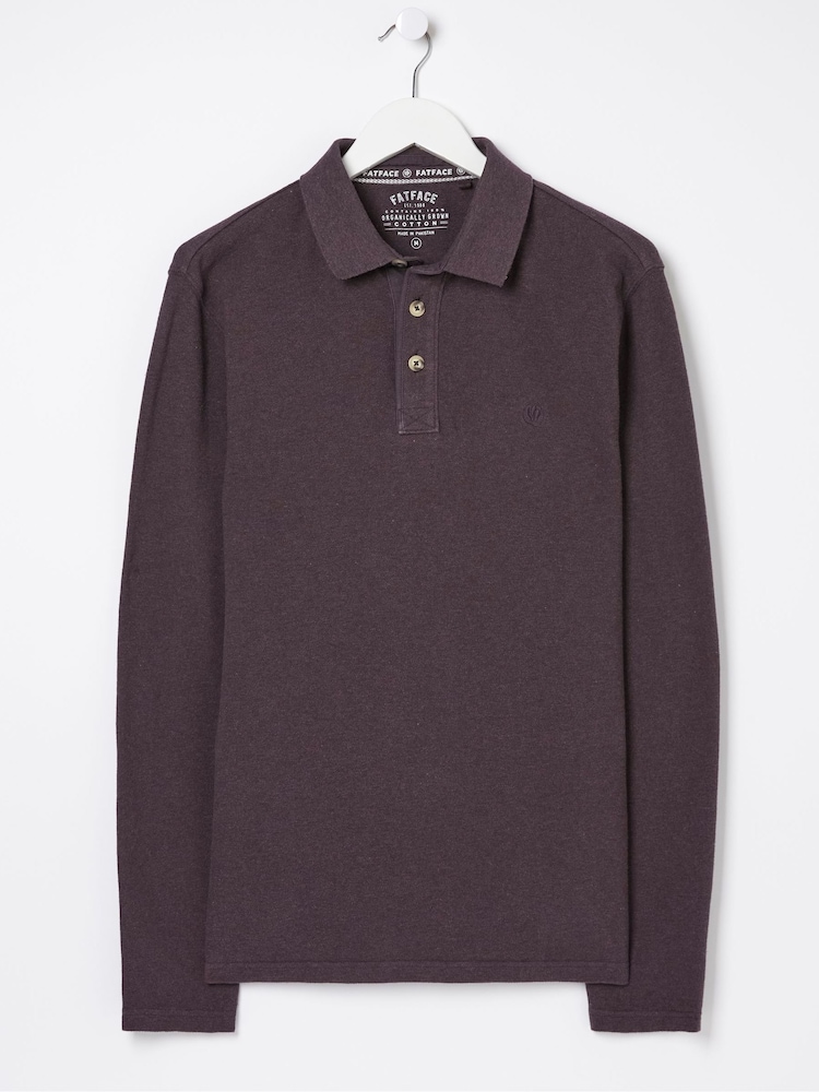 FatFace Purple Long Sleeve Organic Pique Polo Shirt - Image 4 of 4