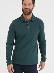 FatFace Green Long Sleeve Organic Pique Polo Shirt - Image 1 of 5