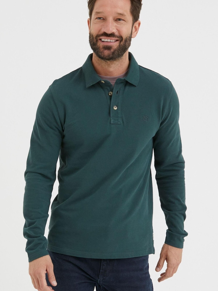 FatFace Green Long Sleeve Organic Pique Polo Shirt - Image 1 of 5