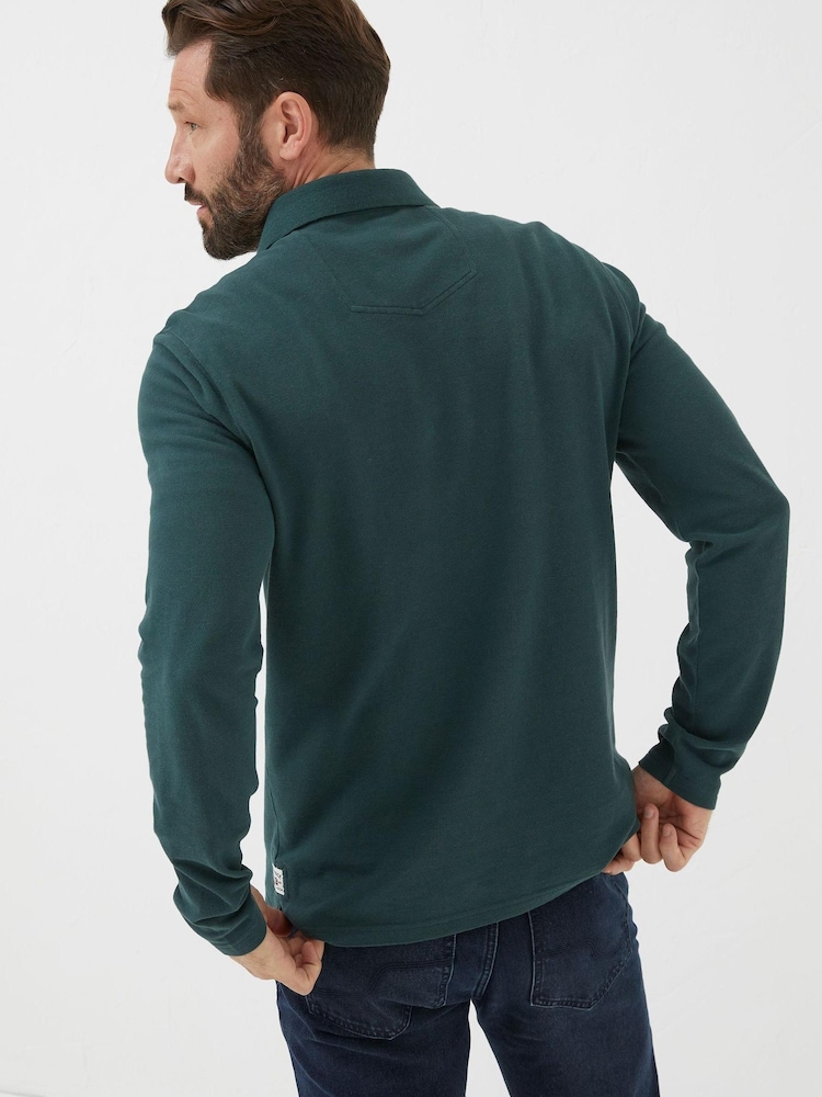 FatFace Green Long Sleeve Organic Pique Polo Shirt - Image 2 of 5
