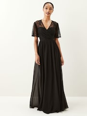 Maya Black Wrap Front Flutter Sleeve Lace Bodice Maxi Dress - Image 1 of 3