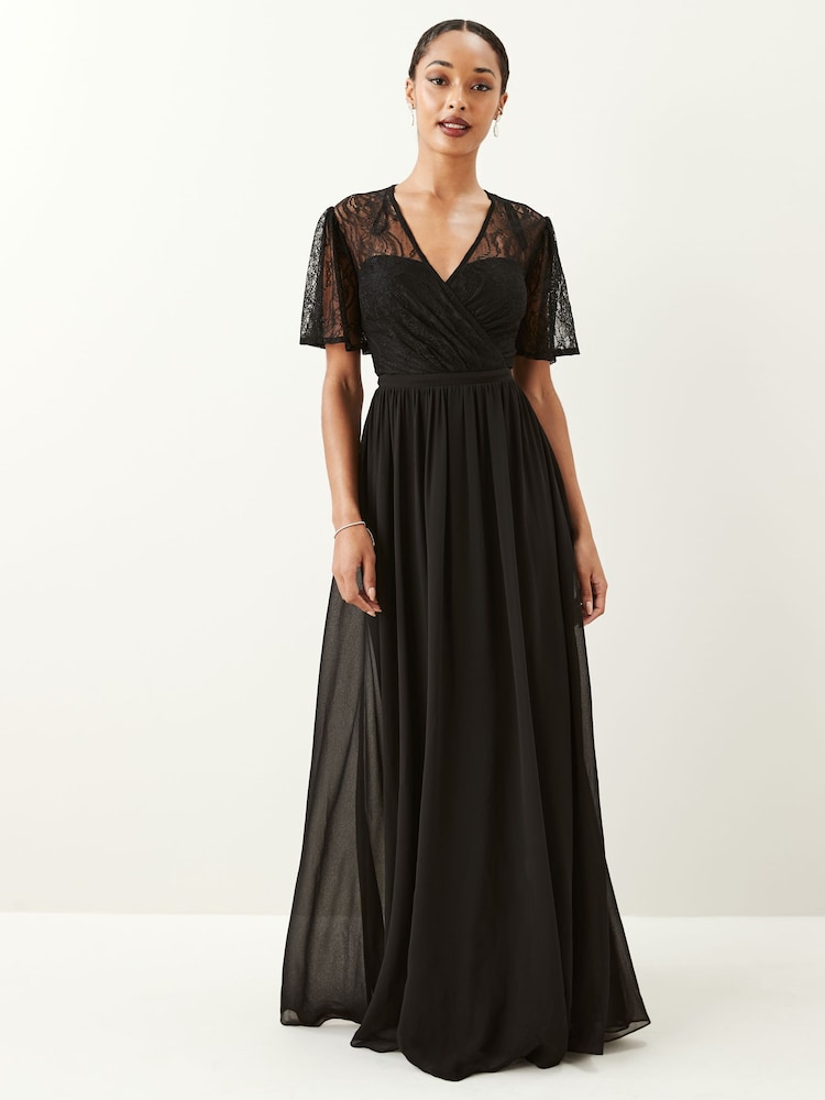 Maya Black Wrap Front Flutter Sleeve Lace Bodice Maxi Dress - Image 1 of 3