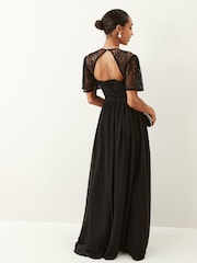 Maya Black Wrap Front Flutter Sleeve Lace Bodice Maxi Dress - Image 2 of 3