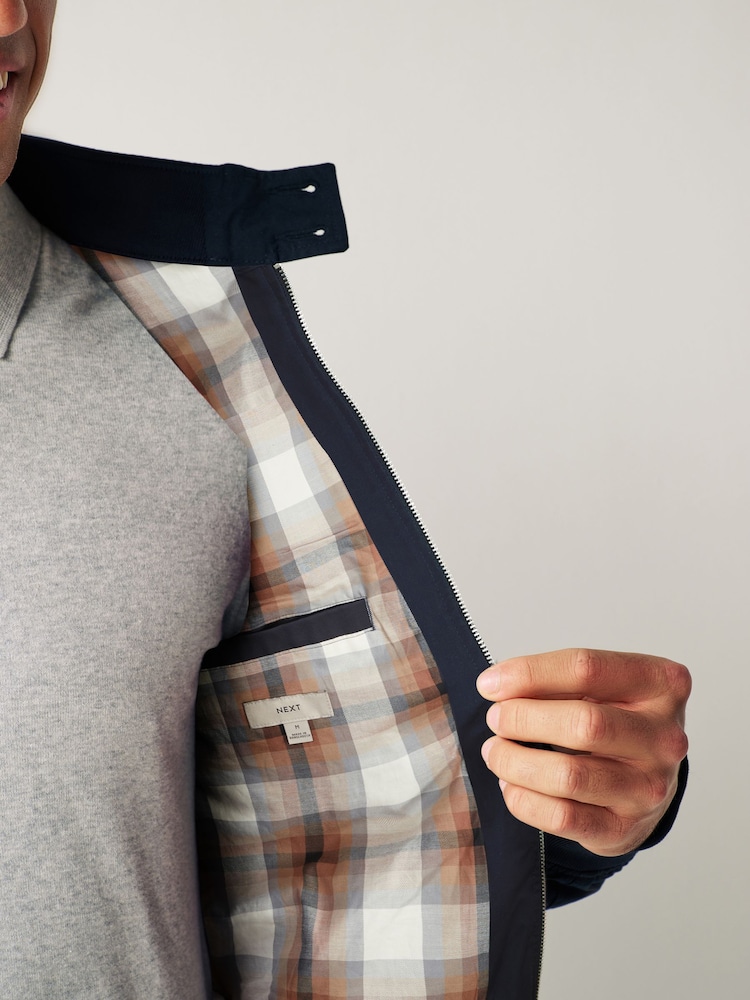 Navy Blue Shower Resistant Check Lining Harrington Jacket - Image 6 of 12
